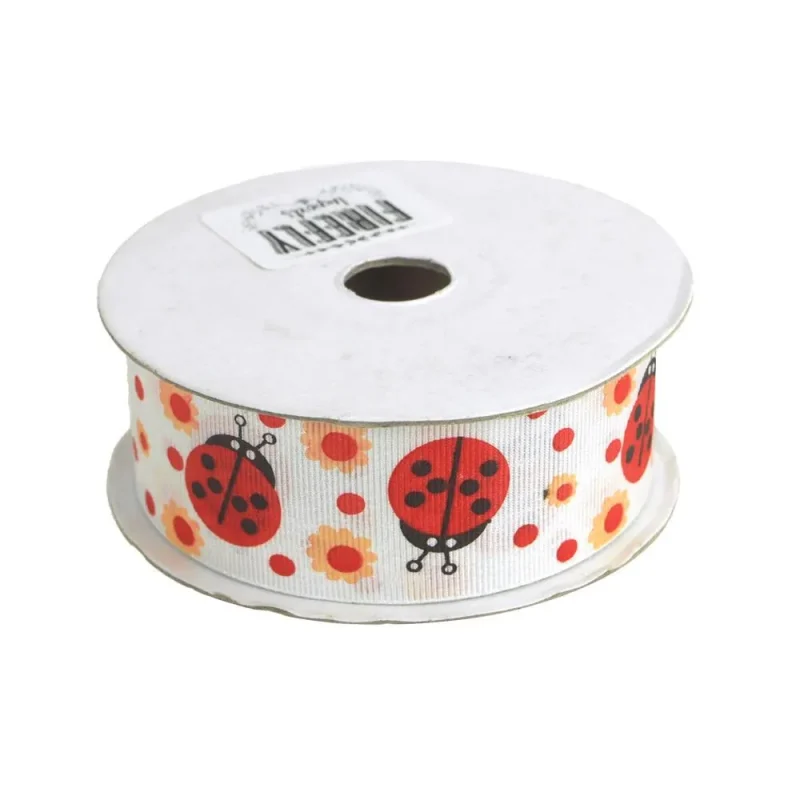 white grosgrain ribbon with ladybug design 1 5 x 25 yards