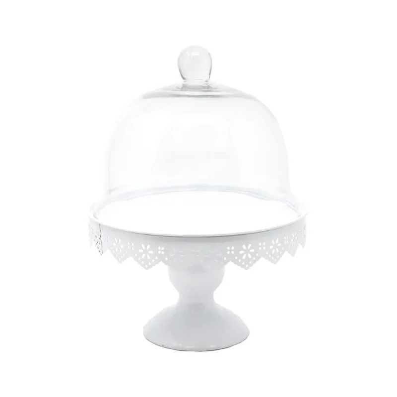 white metal cake stand with 11 inch glass dome