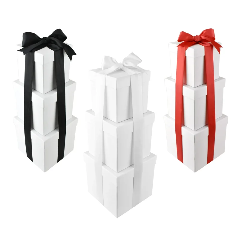 white nested square gift boxes 5 6 7 3 piece set with 1 5 satin ribbon