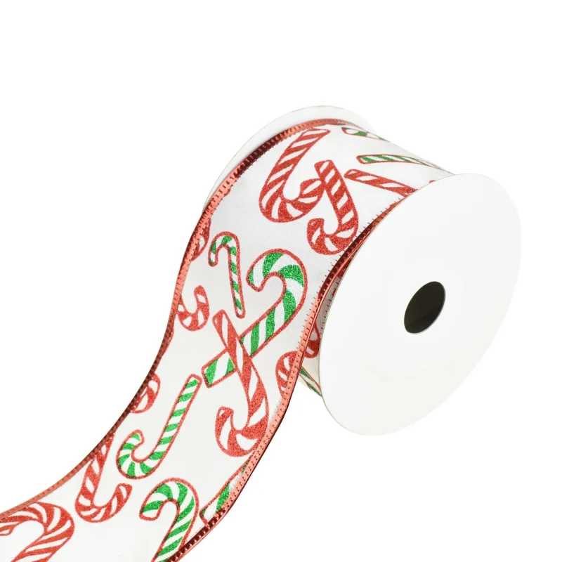 white satin candy cane wired ribbon 10yd red green