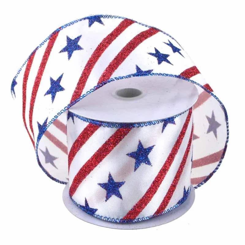 white satin striped ribbon with glitter stars 2 5x10 yds