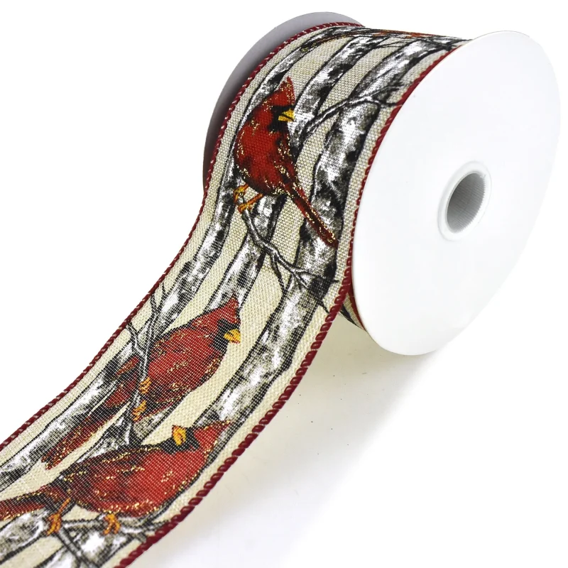 winter cardinals birch trees wired ribbon 2 5 x 10yd