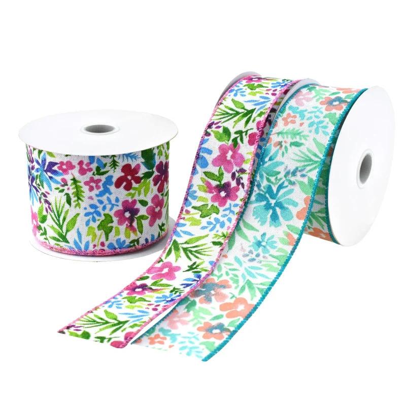 wired faux linen watercolor flower ribbon 10yd