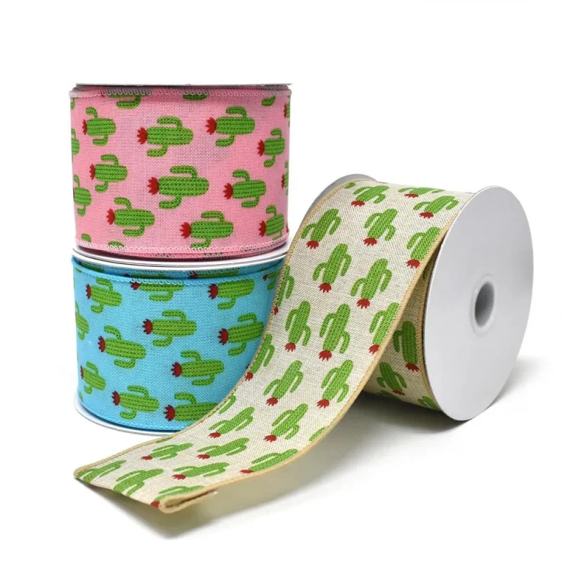 wired linen ribbon with cactus design 2 5 x 10yd