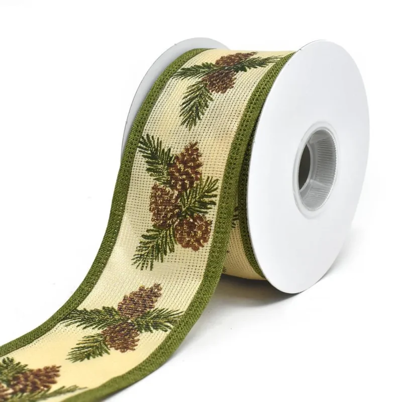 wired natural pinecone christmas ribbon 2 5 x 10yd