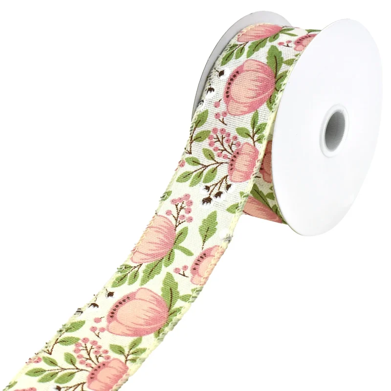 wired peonies cotton garden ribbon 10 yards