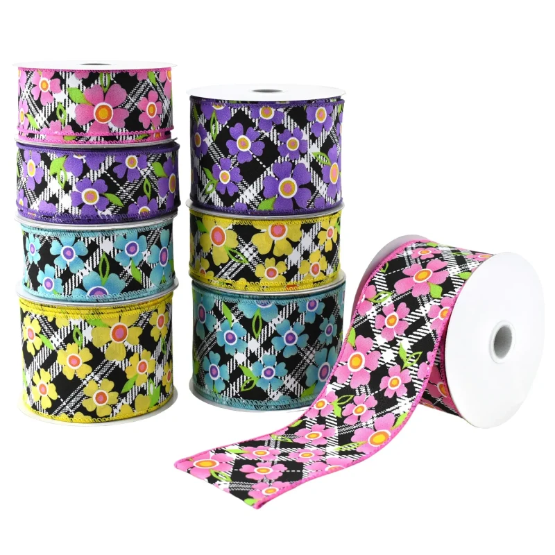 wired plaid floral ribbon 10 yards