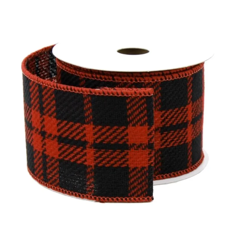 wired plaid gingham burlap ribbon black red 2 5 inch x 10 yards