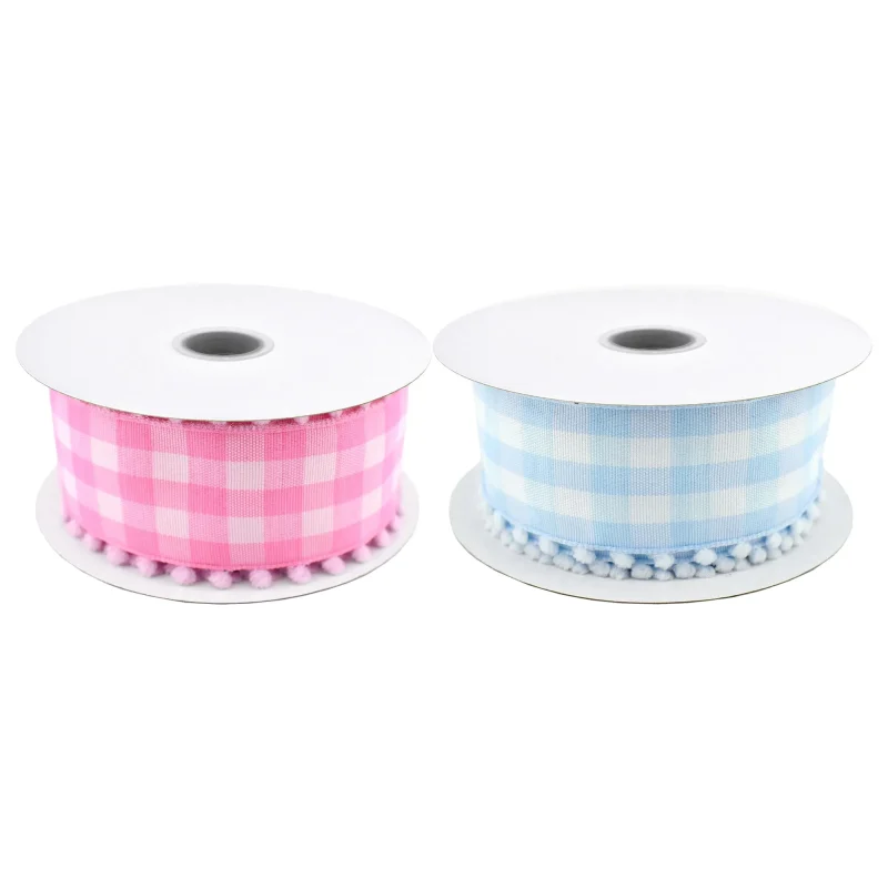 wired plaid ribbon with pom pom edge 1 5 inch 10 yards