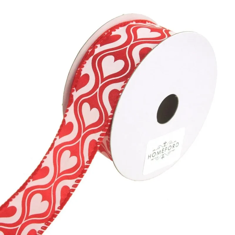 wired satin ribbon hearts red white 1 5 x 10 yards