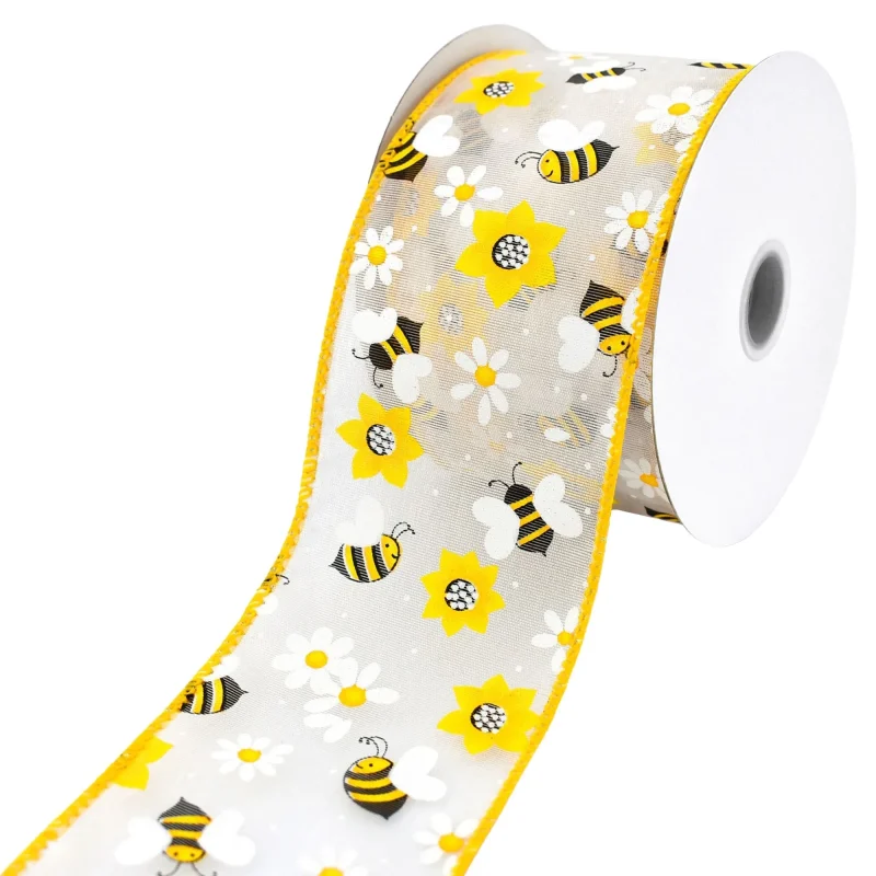 wired sheer organza ribbon 2 5 x 10yd bumblebees daisies