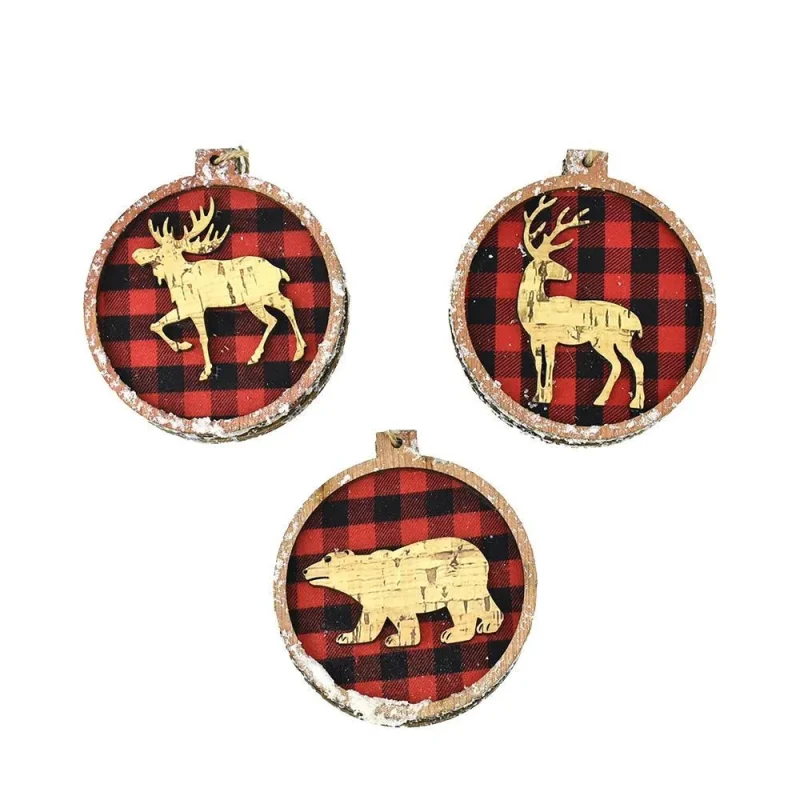 wood plaid round animal christmas ornaments 4 3 pack