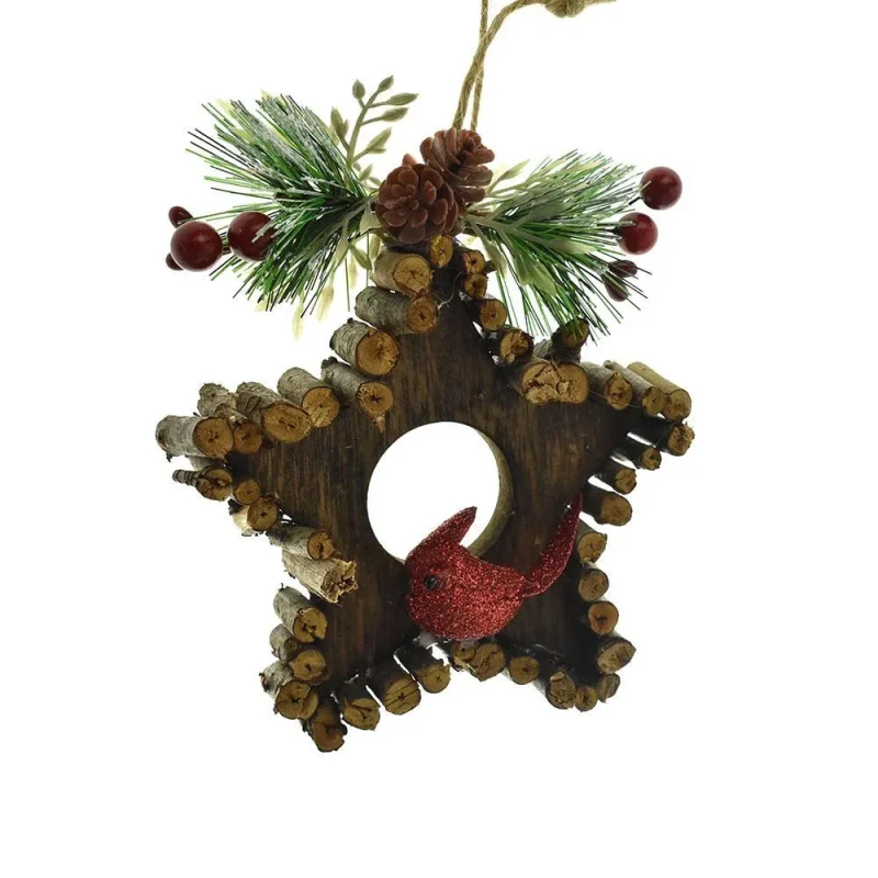 wooden bird star ornament 5 inch brown