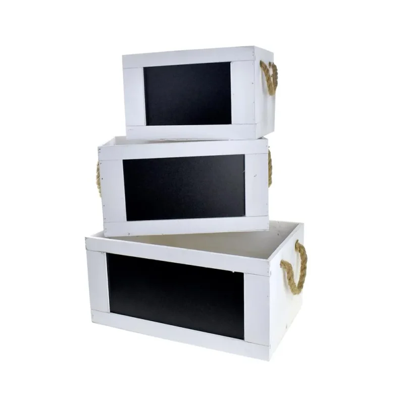 wooden crate set with rope handles 3 piece white