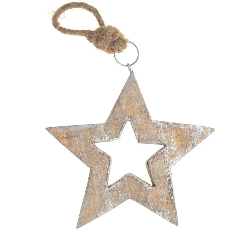 wooden distressed star ornament silver edged 6 inch natural silver finish