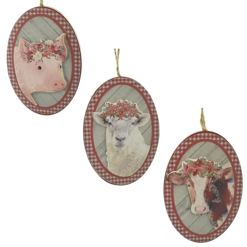 wooden farm animal ornaments 4 inch set of 3