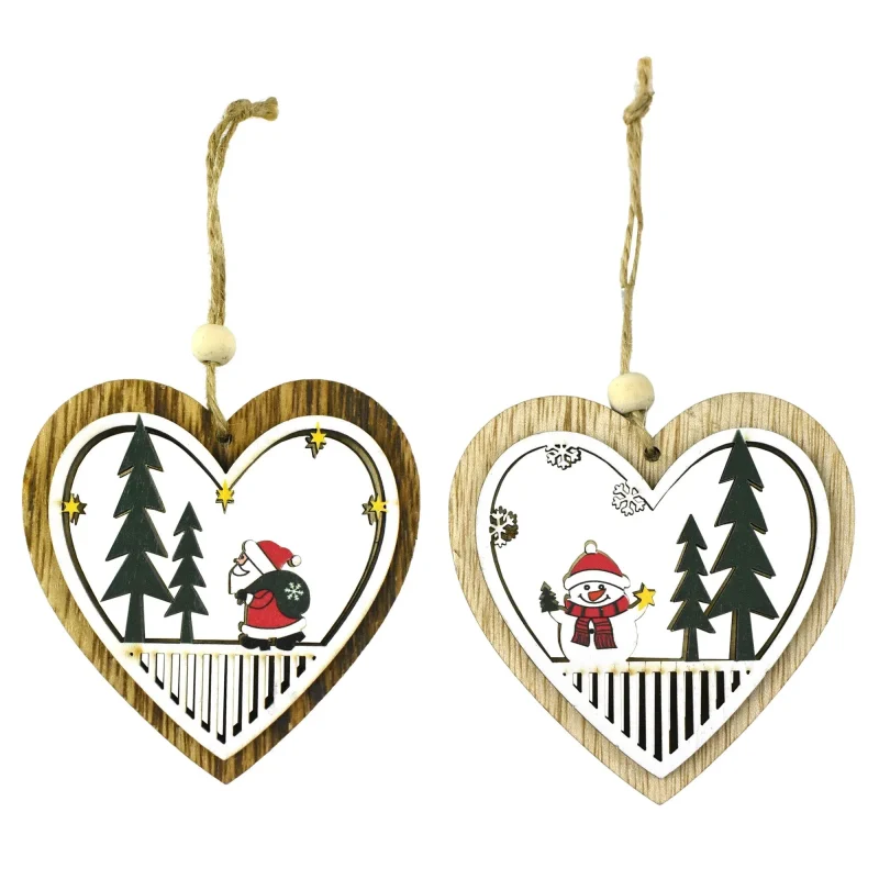 wooden heart christmas ornaments santa snowmen 2 pack 3 5 inches