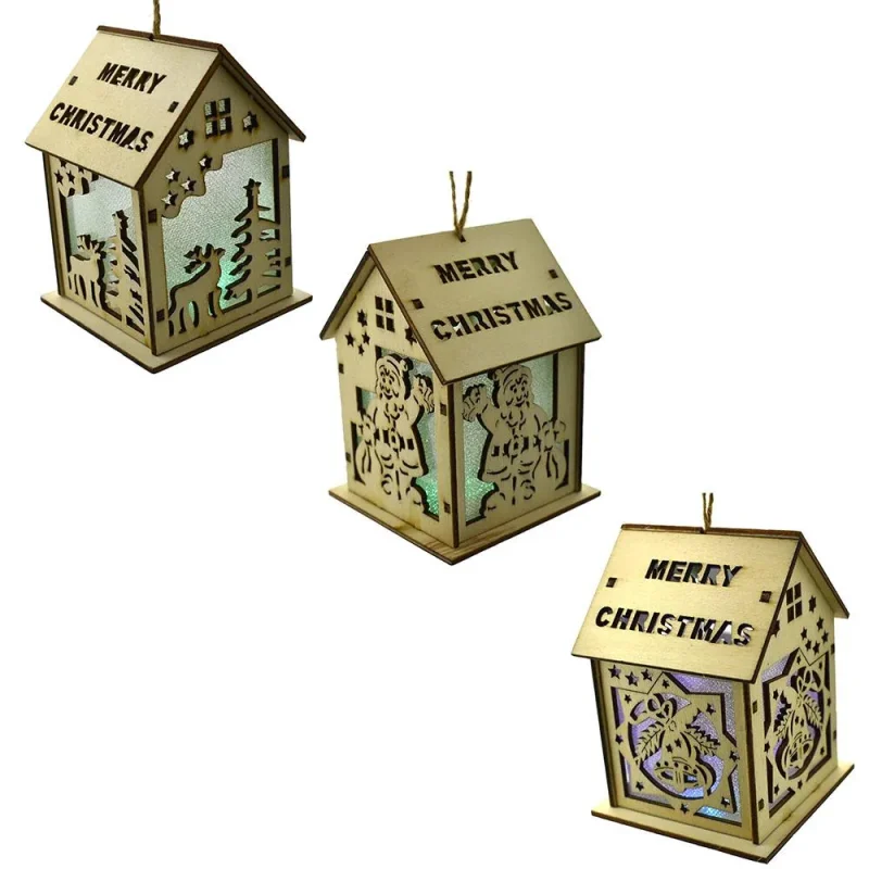 wooden light up house ornaments 3 piece set 3 7 8 inches