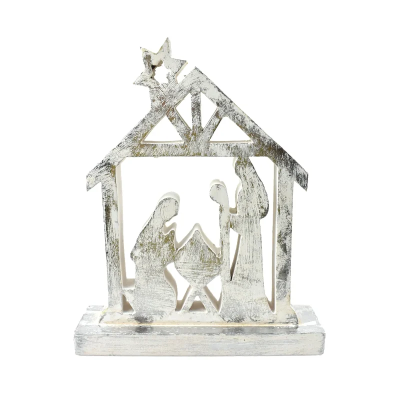 wooden nativity set with silver foil 8 5 inch tabletop decor