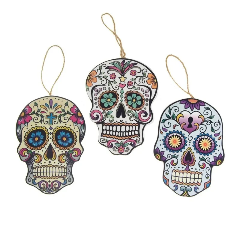 wooden skull christmas tree ornaments 6 inch 3 pack