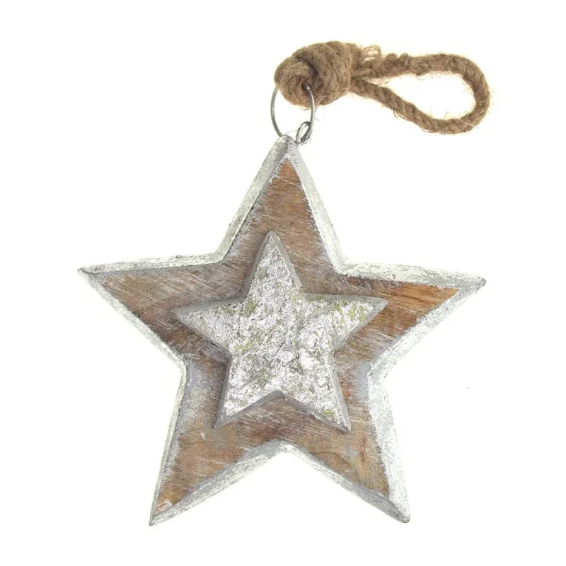 wooden star christmas ornament distressed silver 6 inch