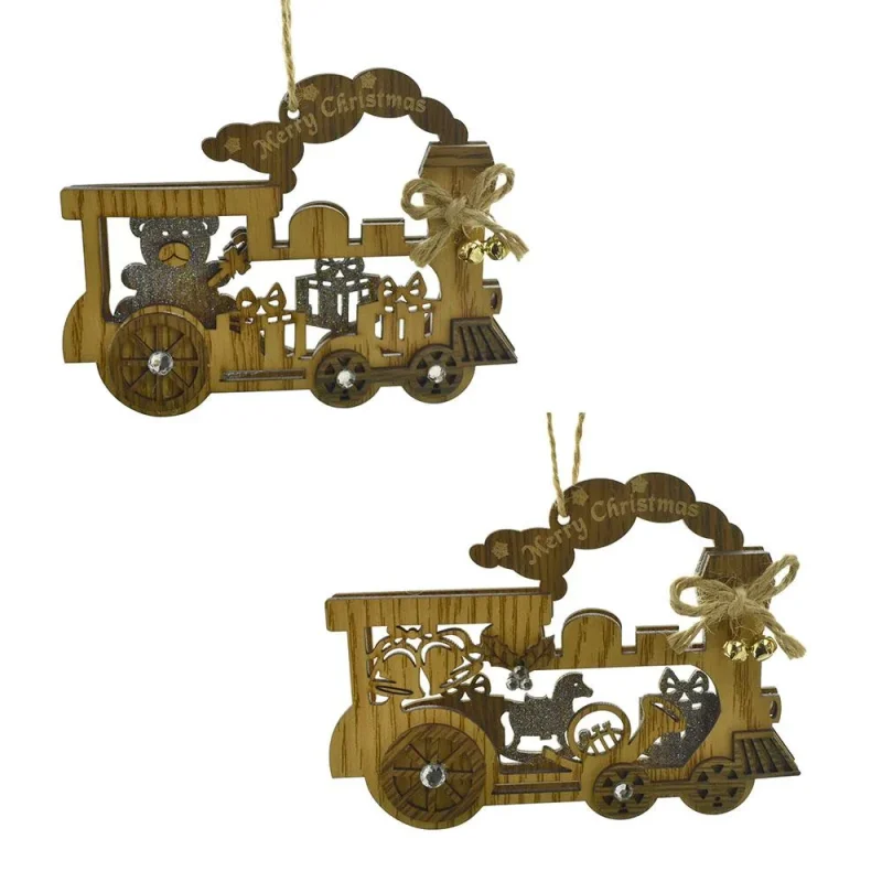 wooden train ornaments with jingle bells 4 5 inch 2 piece set