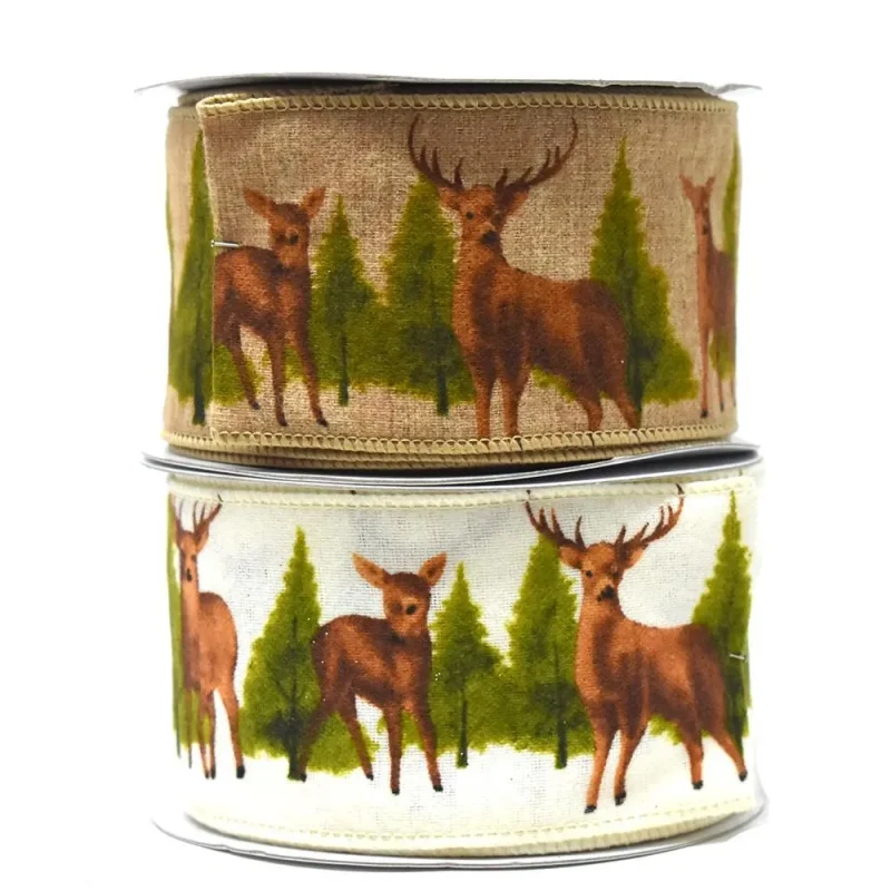 woodland christmas wired ribbon 2 5 x 10 yards deer trees design