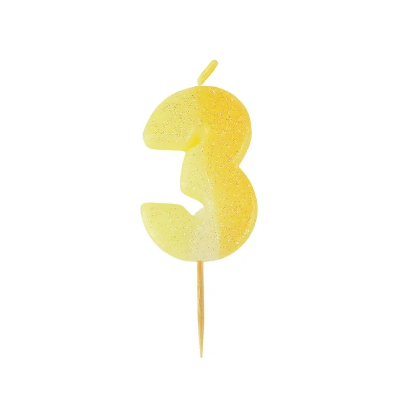 yellow 2 inch glittered birthday candle number 3