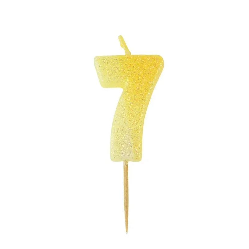 yellow glittered 2 inch birthday candle number 7