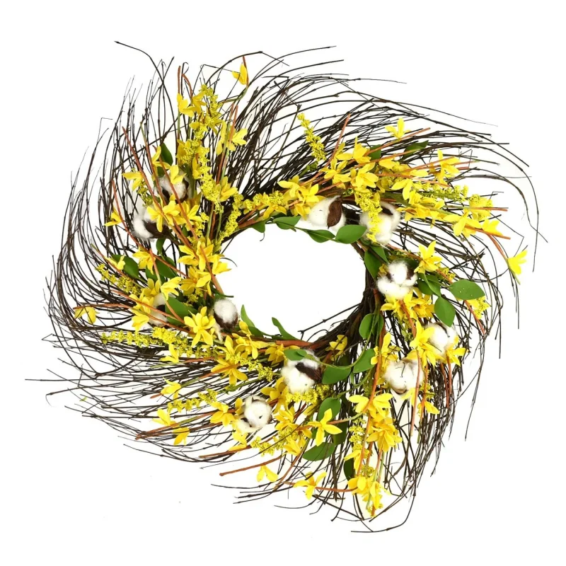 yellow silk forsythia twig wreath 22 cotton wrapped