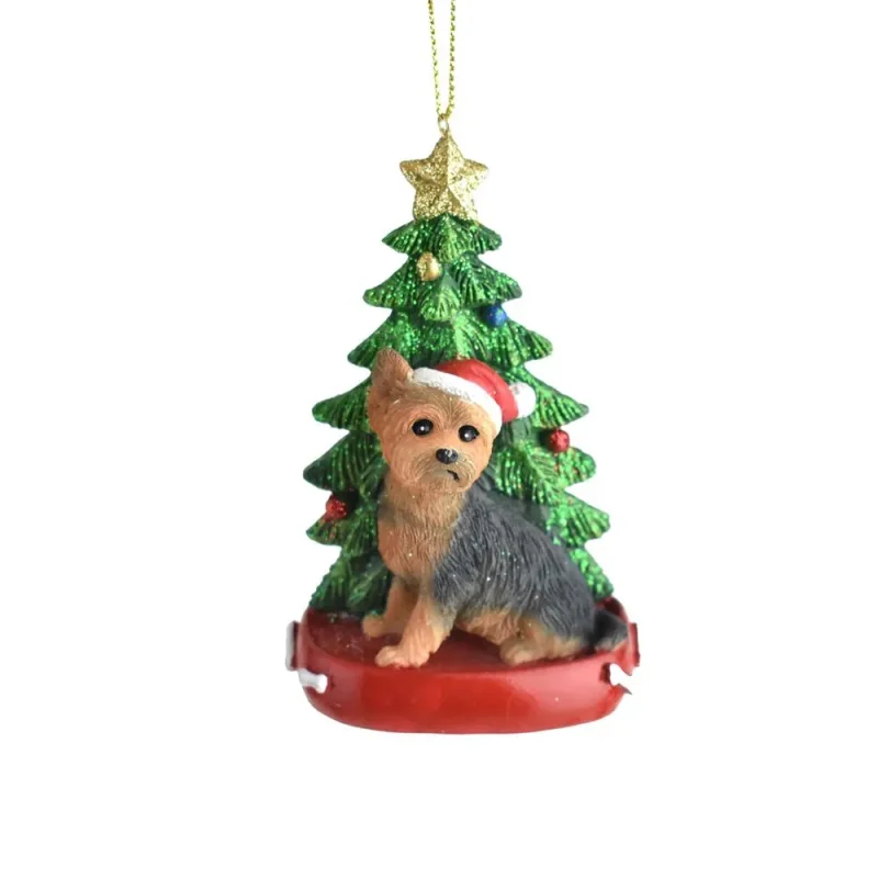 yorkie santa hat with christmas tree ornament 4 1 4 inch